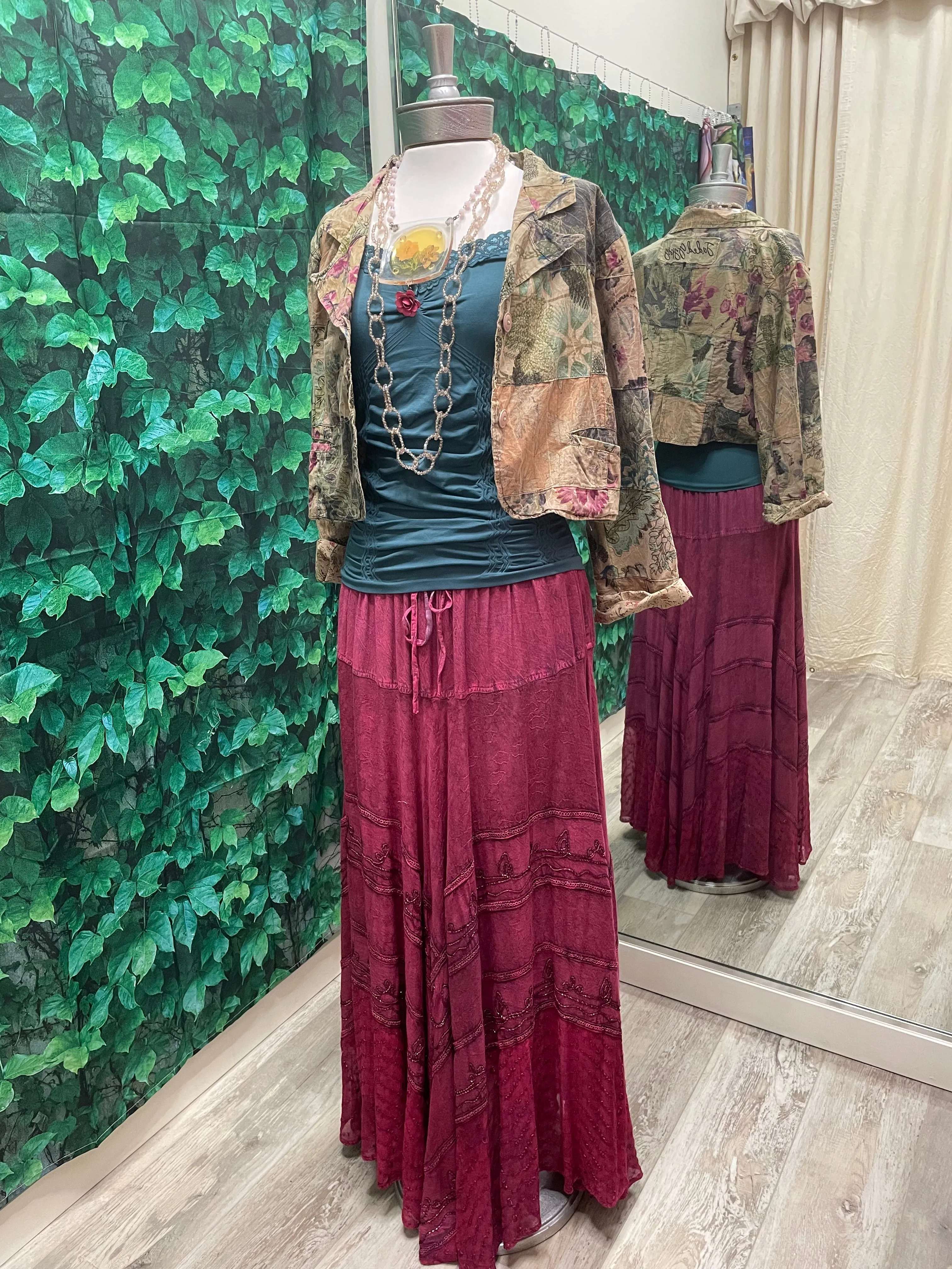 Embroidered Maxi Skirt w/Chiffon in Magenta