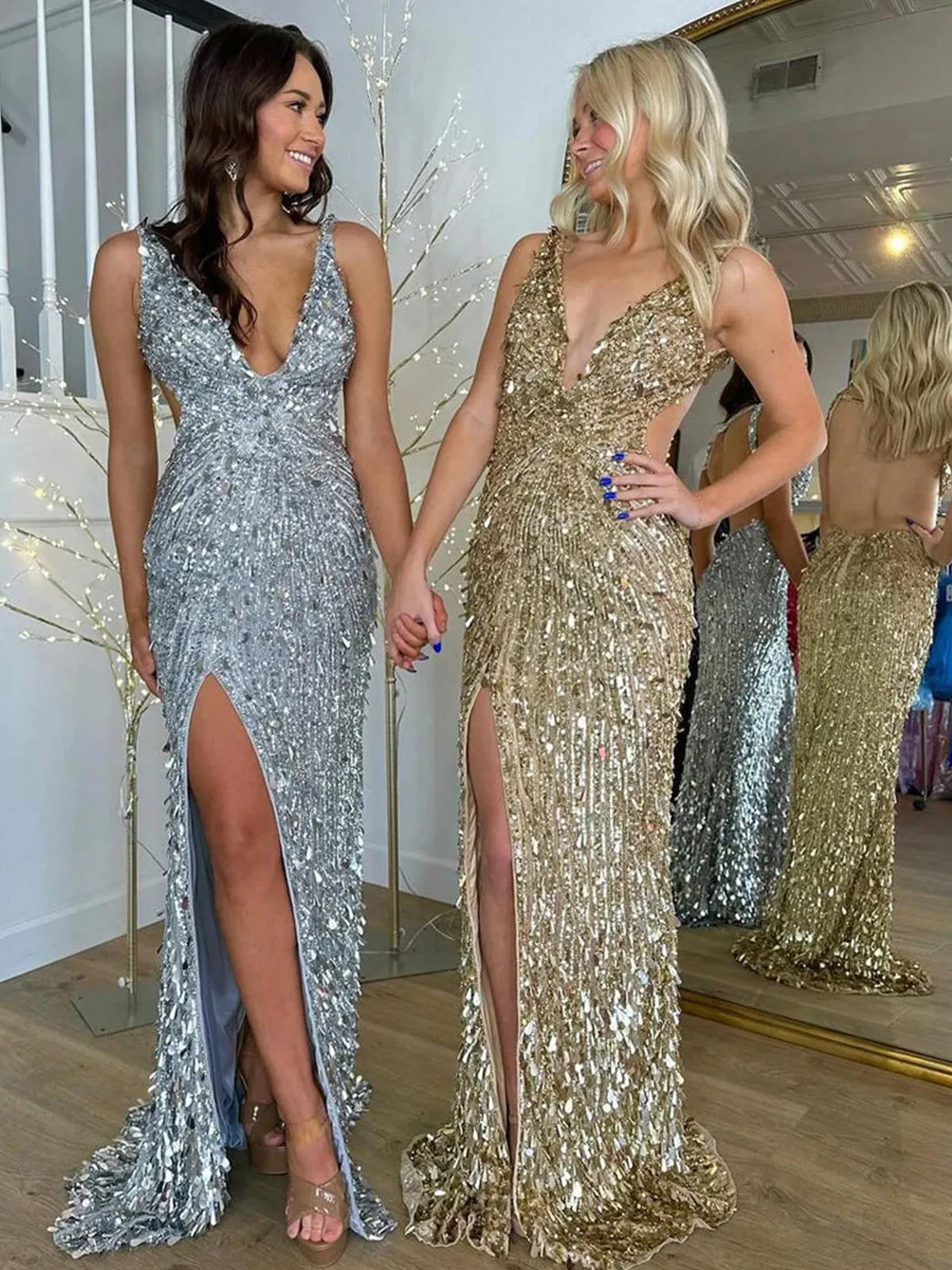 Euphoria | Gold Sequins Mermaid Long Prom Dresses with Slit