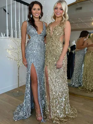 Euphoria | Gold Sequins Mermaid Long Prom Dresses with Slit