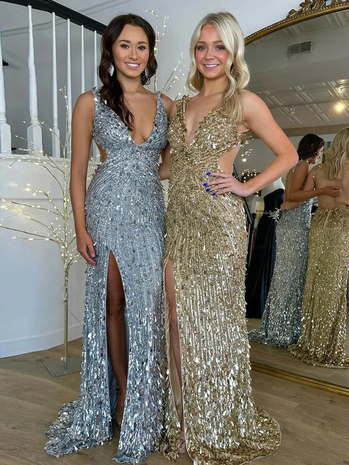 Euphoria | Gold Sequins Mermaid Long Prom Dresses with Slit