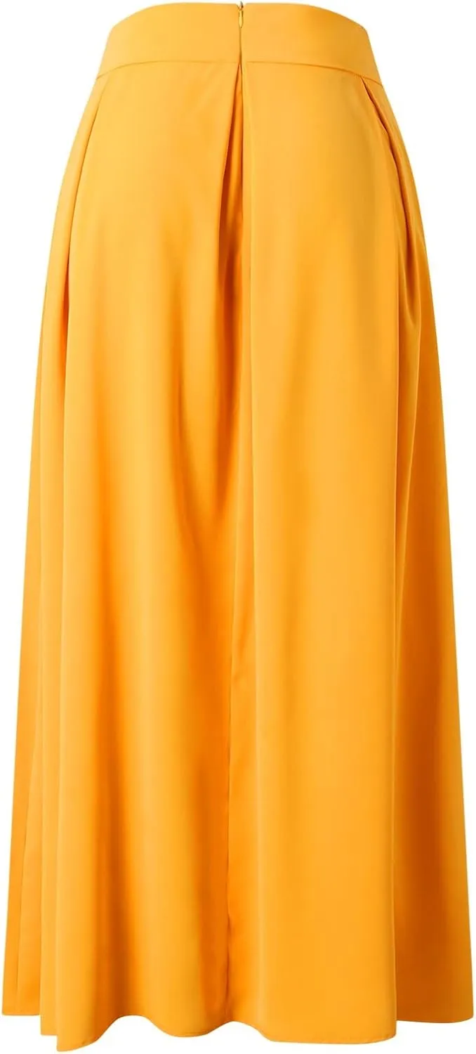 Fashion Women Skirt Elastic Waist A-Line High Waist Skirt Spring Dresses Midi Skirts Solid Skirt Double Slit