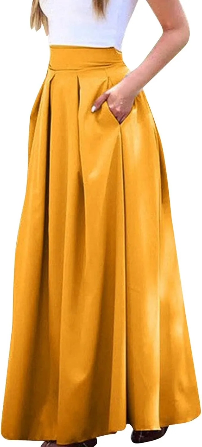 Fashion Women Skirt Elastic Waist A-Line High Waist Skirt Spring Dresses Midi Skirts Solid Skirt Double Slit
