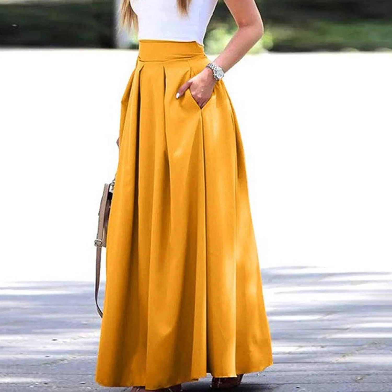 Fashion Women Skirt Elastic Waist A-Line High Waist Skirt Spring Dresses Midi Skirts Solid Skirt Double Slit