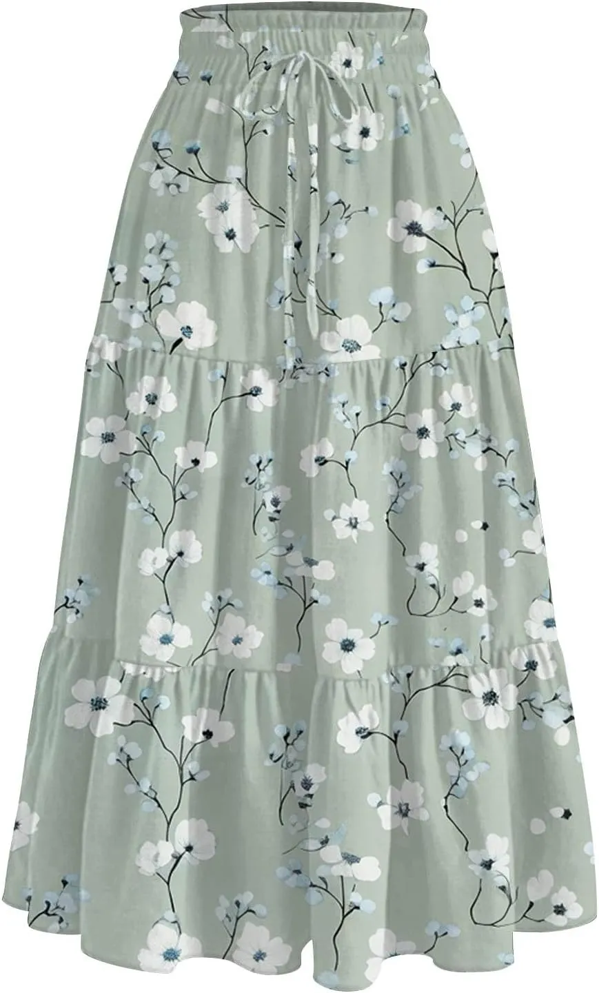 Flowy Skirts for Women High Waist Long A-Line Boho Maxi Skirt for Summer Beach