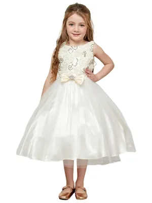 Girls Ivory 3D Flower Bodice Tulle Dress with Satin Bow, Sizes 2-12