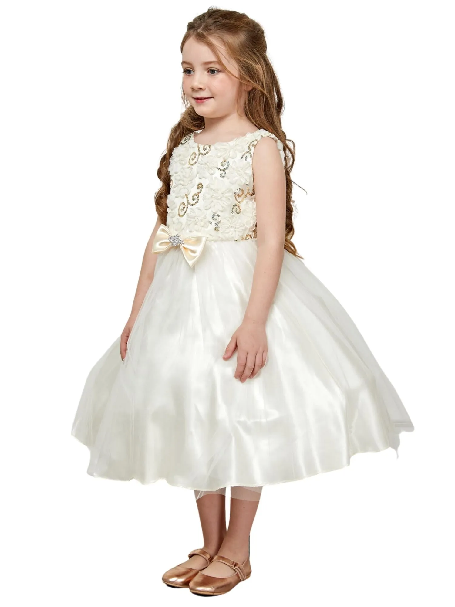 Girls Ivory 3D Flower Bodice Tulle Dress with Satin Bow, Sizes 2-12
