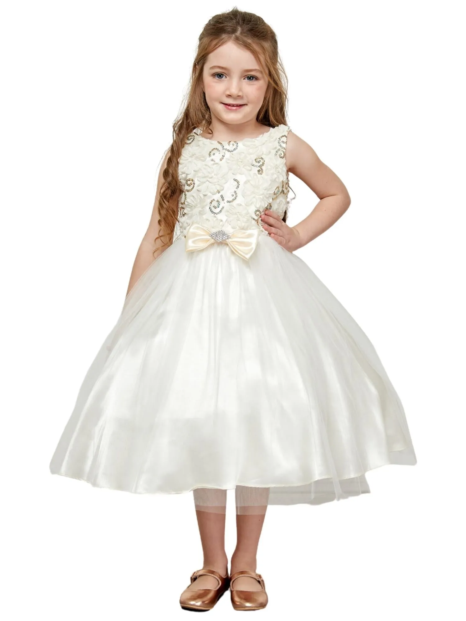 Girls Ivory 3D Flower Bodice Tulle Dress with Satin Bow, Sizes 2-12