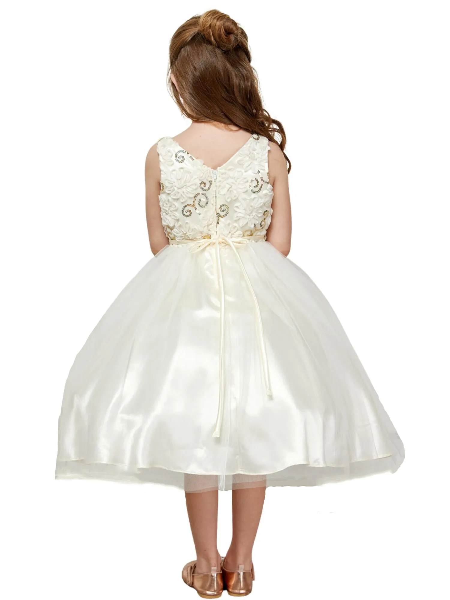 Girls Ivory 3D Flower Bodice Tulle Dress with Satin Bow, Sizes 2-12