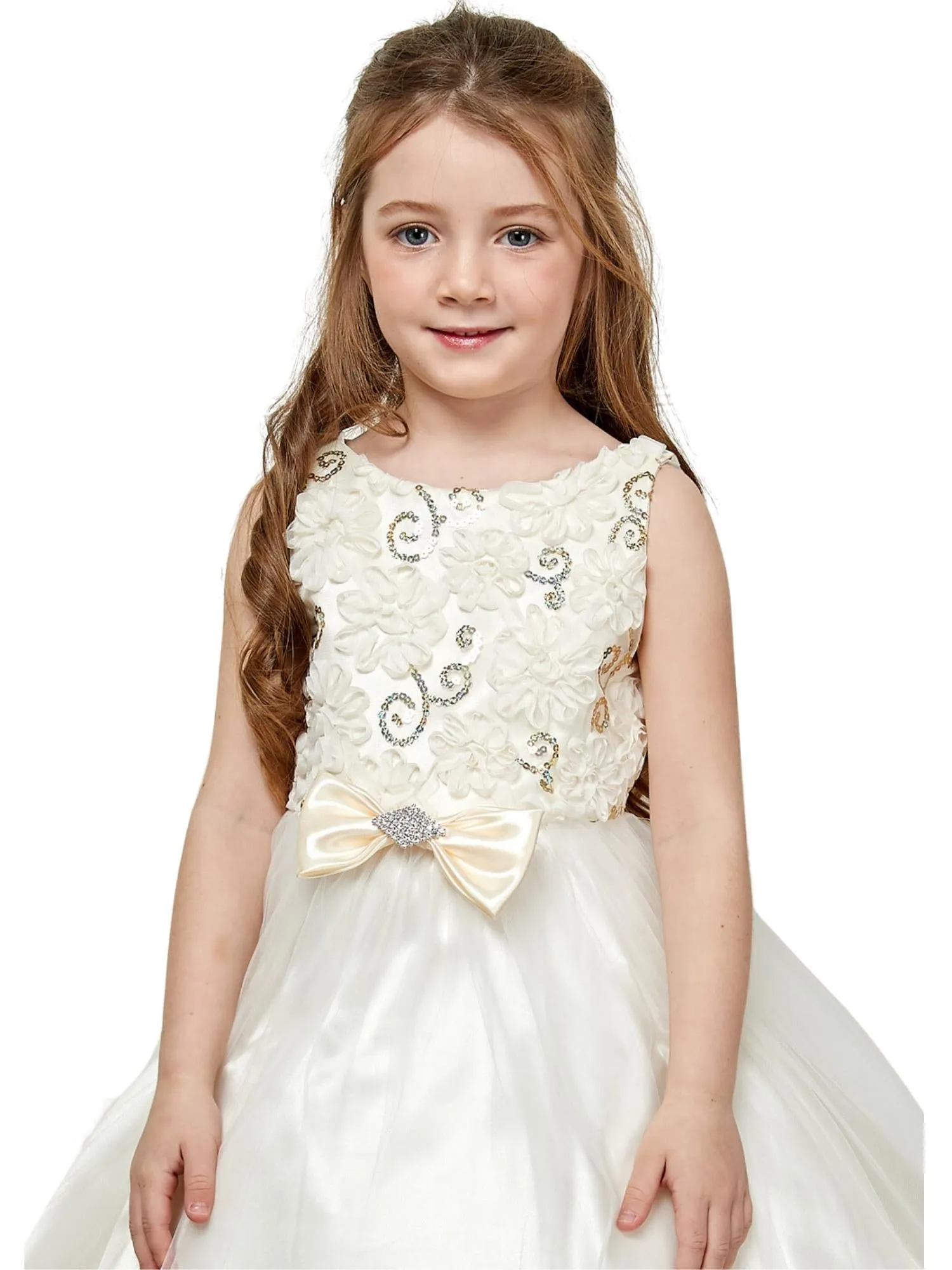 Girls Ivory 3D Flower Bodice Tulle Dress with Satin Bow, Sizes 2-12