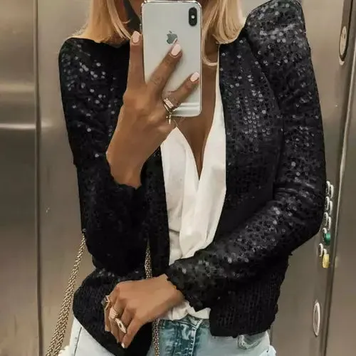 Glamorous Sequin-Embellished Jacket with Trendy Stand Collar for Women