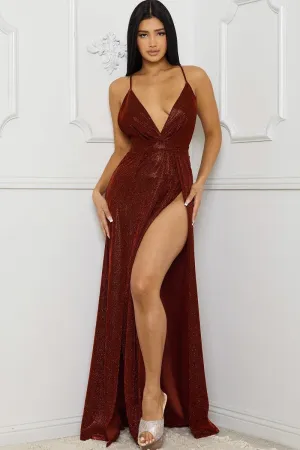 Glitter Fabric Sweetheart Surplice Maxi Dress in Burgundy