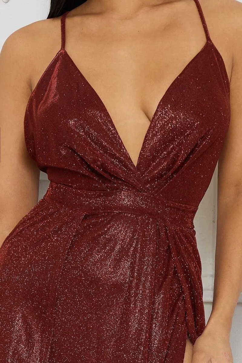 Glitter Fabric Sweetheart Surplice Maxi Dress in Burgundy