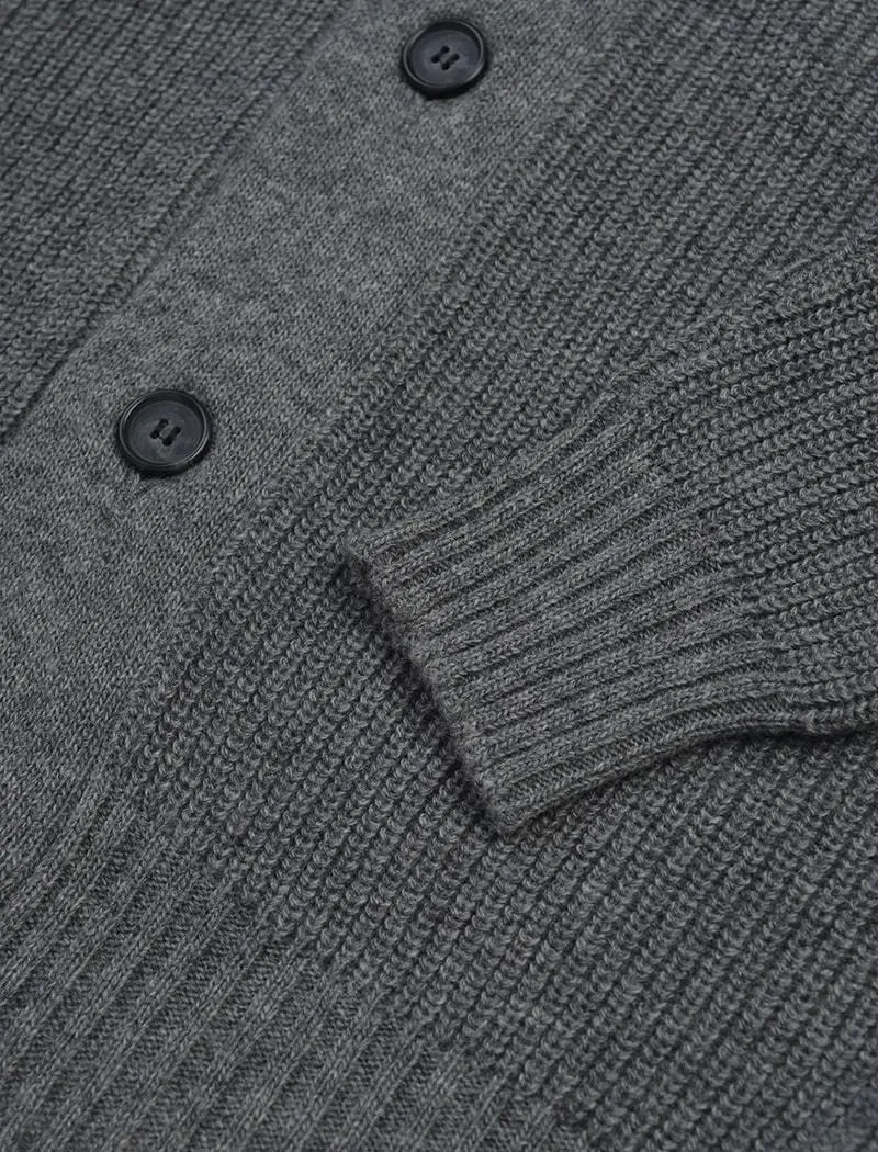 Grey Ribbed Shawl Neck Wool & Cashmere Cardigan