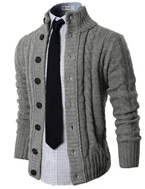 H2H Mens High Neck Twisted Knit Cardigan Sweater With Button Details, GRAY US M/ASIA L (KMOCAL020)