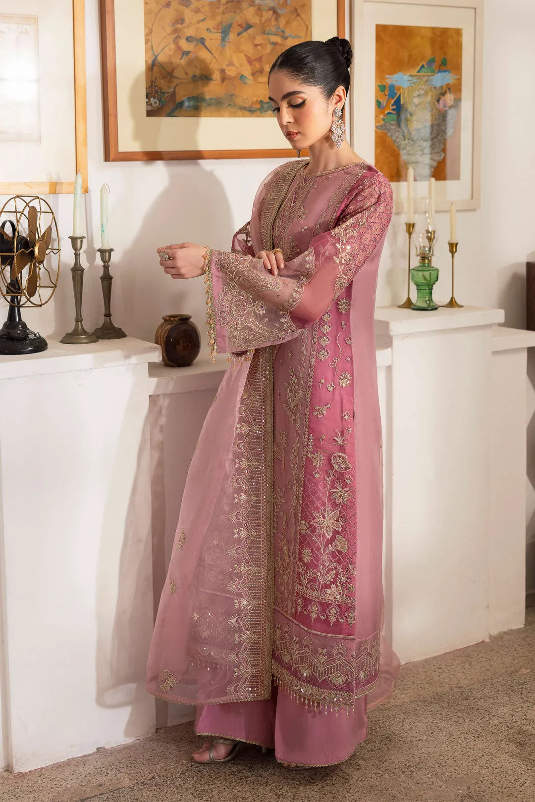 Imperial Pastel Pink Straight Organza Shirt with Pants Pakistani Wedding Dress