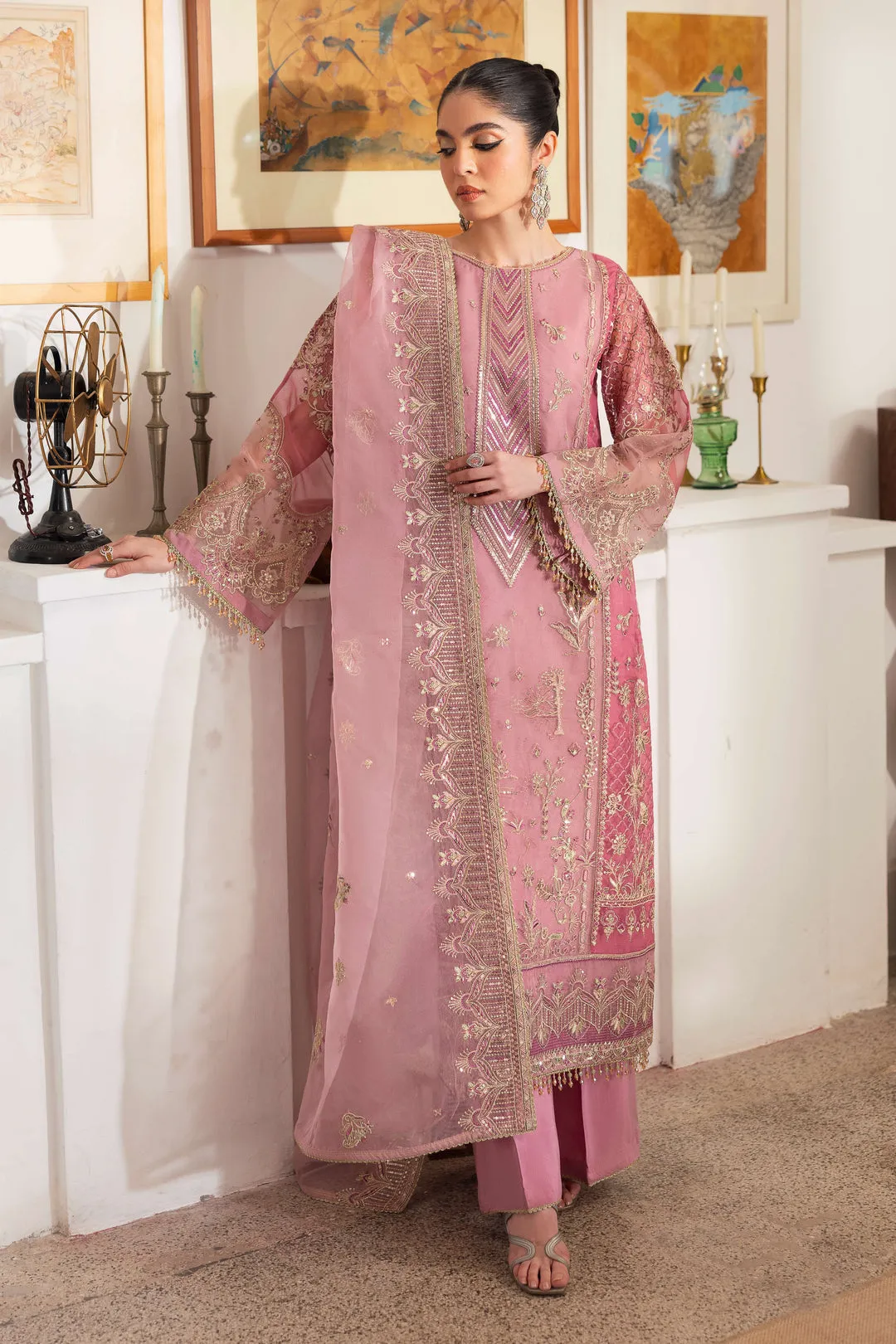 Imperial Pastel Pink Straight Organza Shirt with Pants Pakistani Wedding Dress