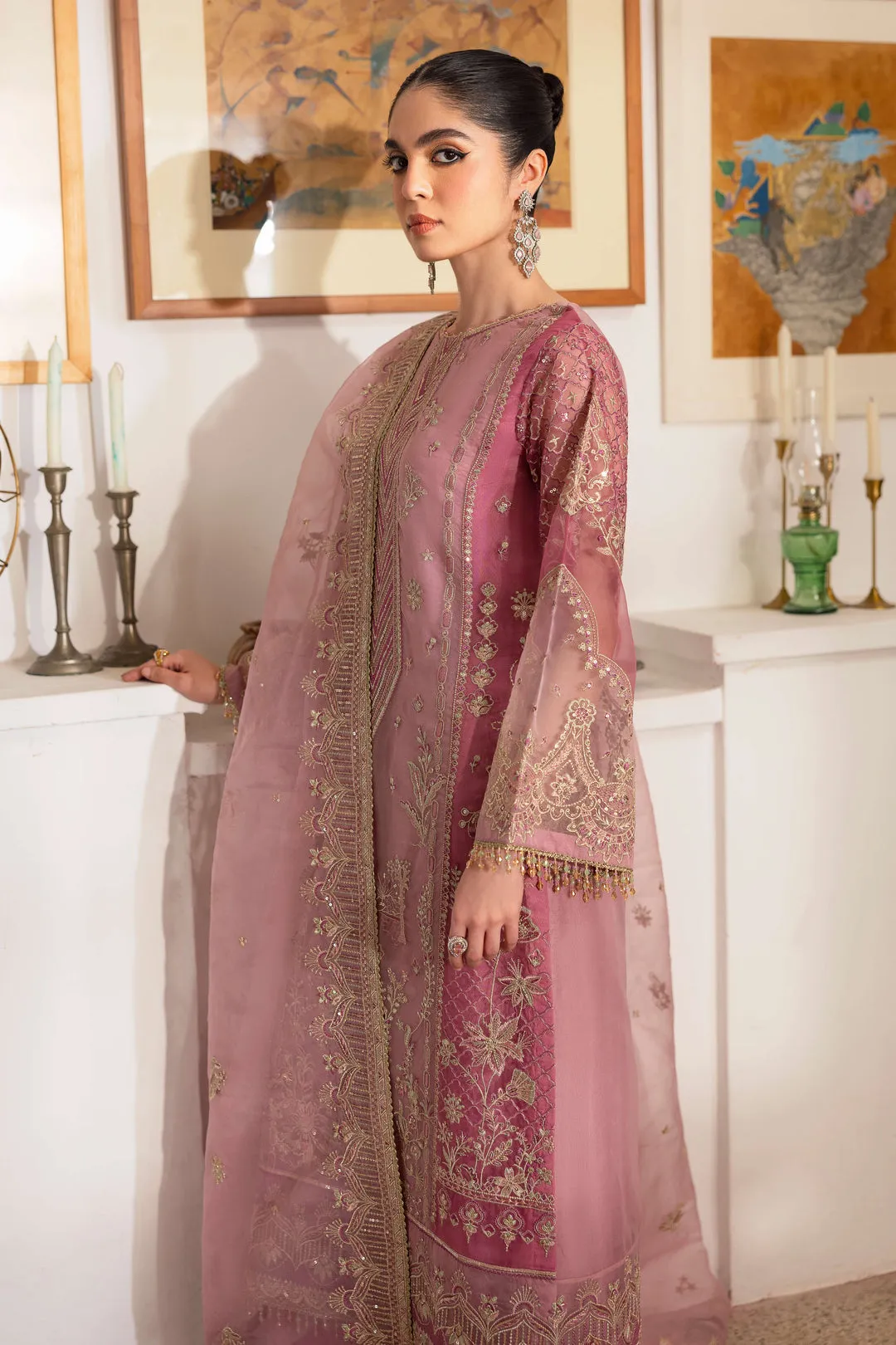 Imperial Pastel Pink Straight Organza Shirt with Pants Pakistani Wedding Dress