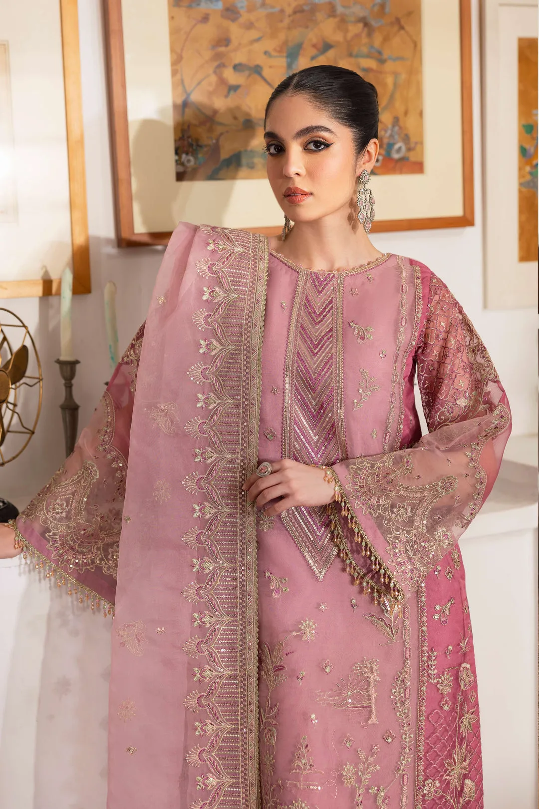 Imperial Pastel Pink Straight Organza Shirt with Pants Pakistani Wedding Dress