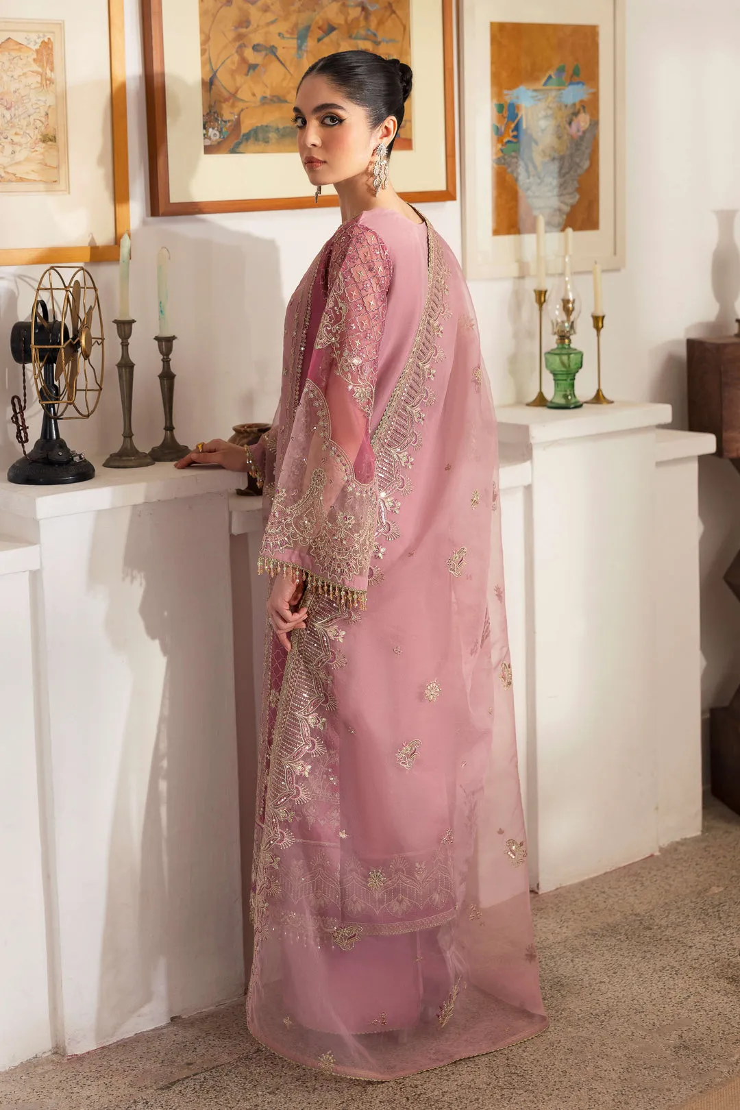 Imperial Pastel Pink Straight Organza Shirt with Pants Pakistani Wedding Dress