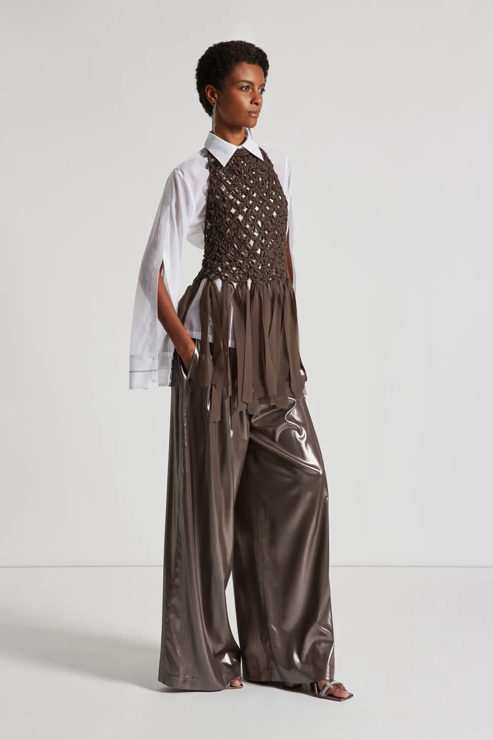 Laminated palazzo trousers with darts