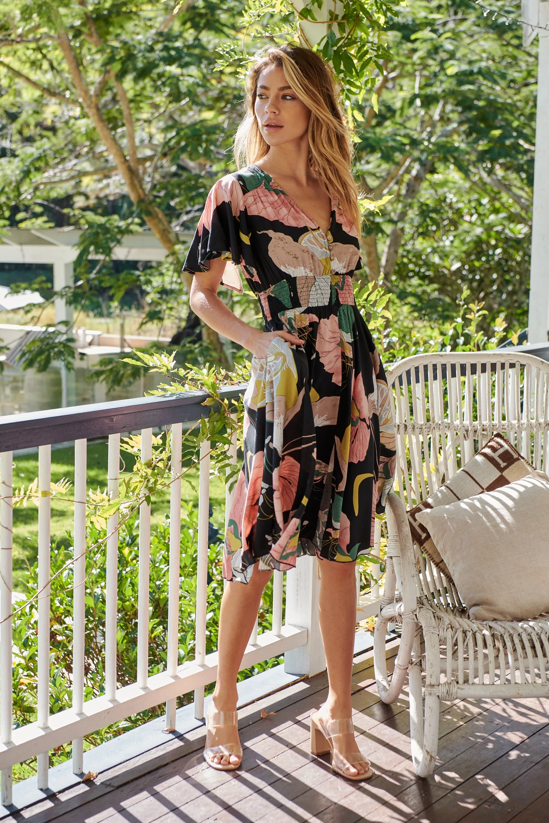 Larissa Black/Pink/Green Floral Print Short Sleeve Dress
