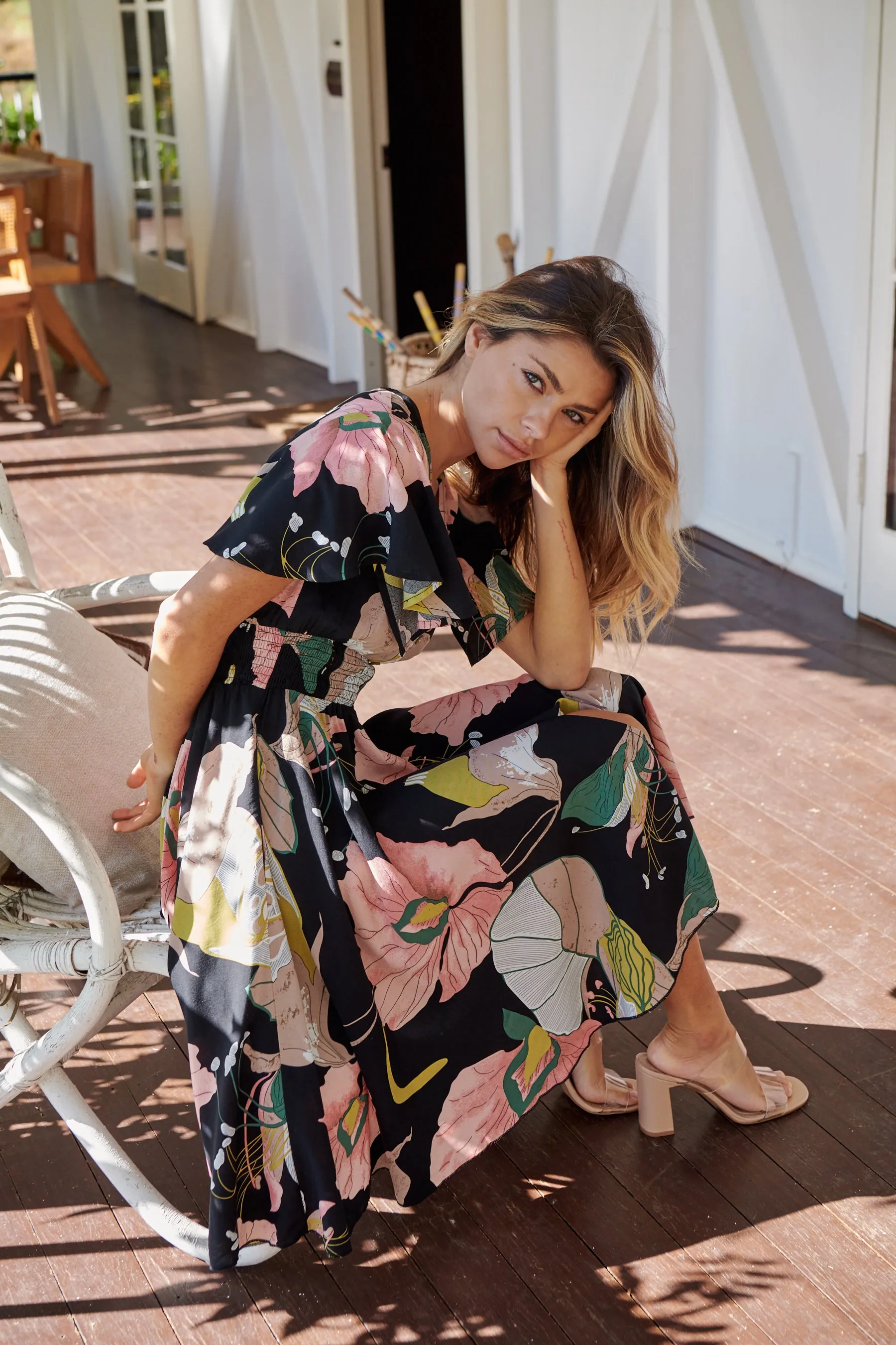 Larissa Black/Pink/Green Floral Print Short Sleeve Dress