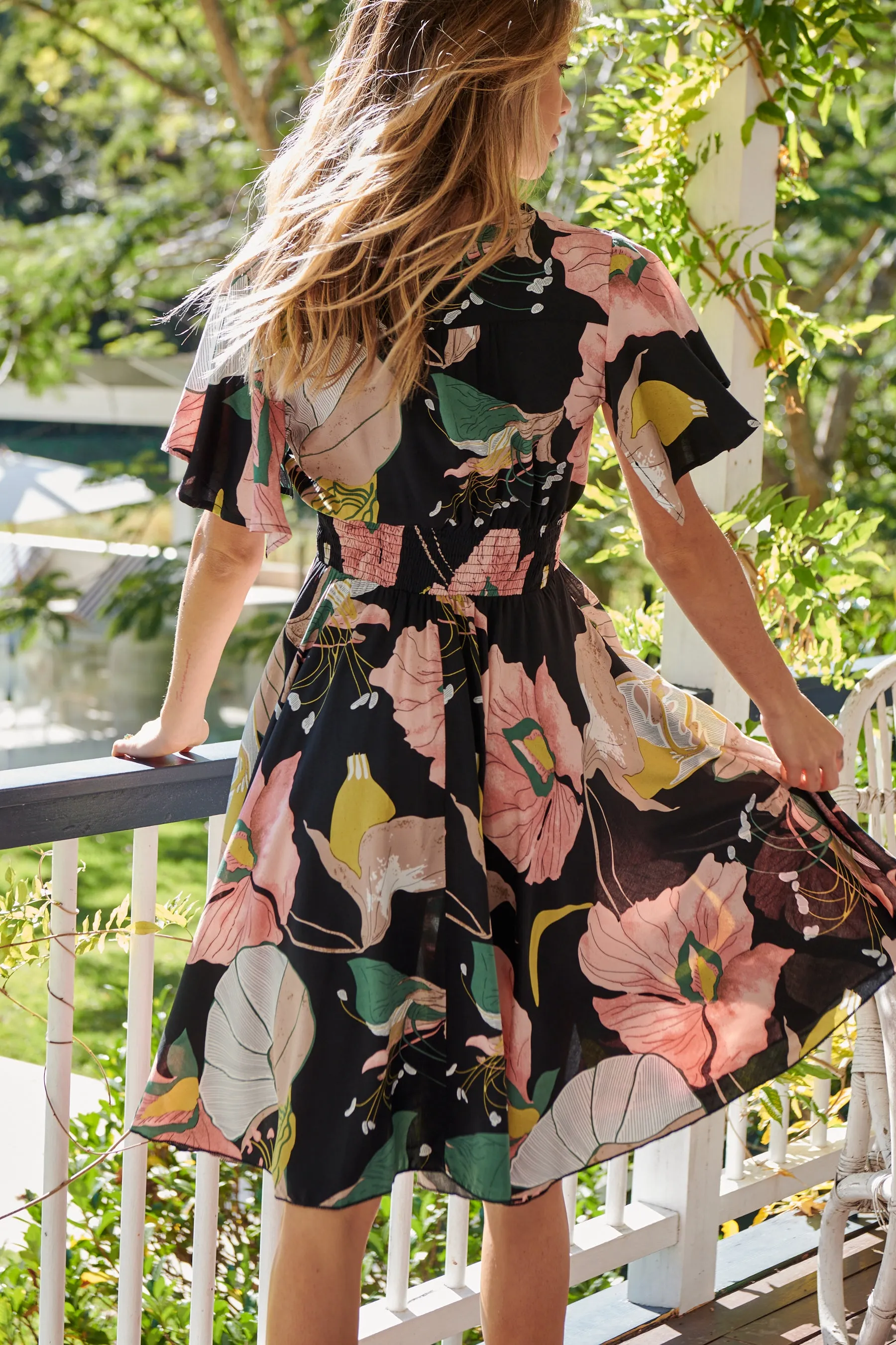 Larissa Black/Pink/Green Floral Print Short Sleeve Dress