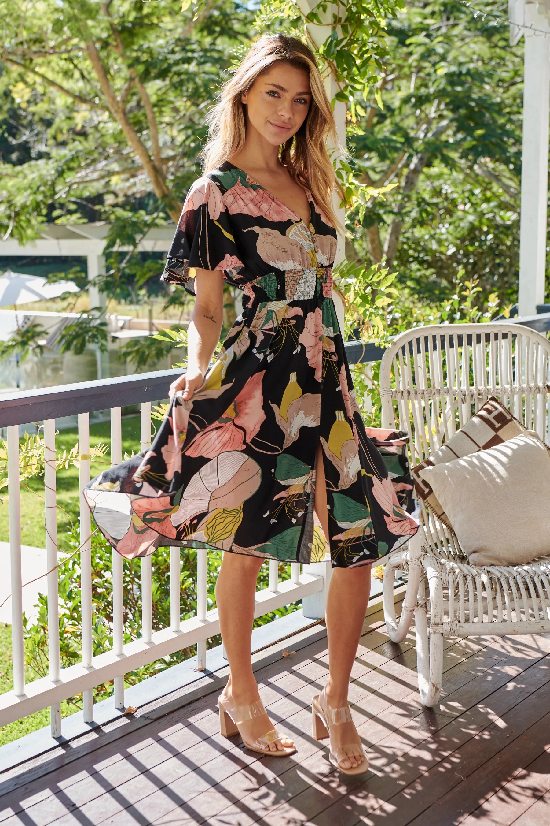 Larissa Black/Pink/Green Floral Print Short Sleeve Dress