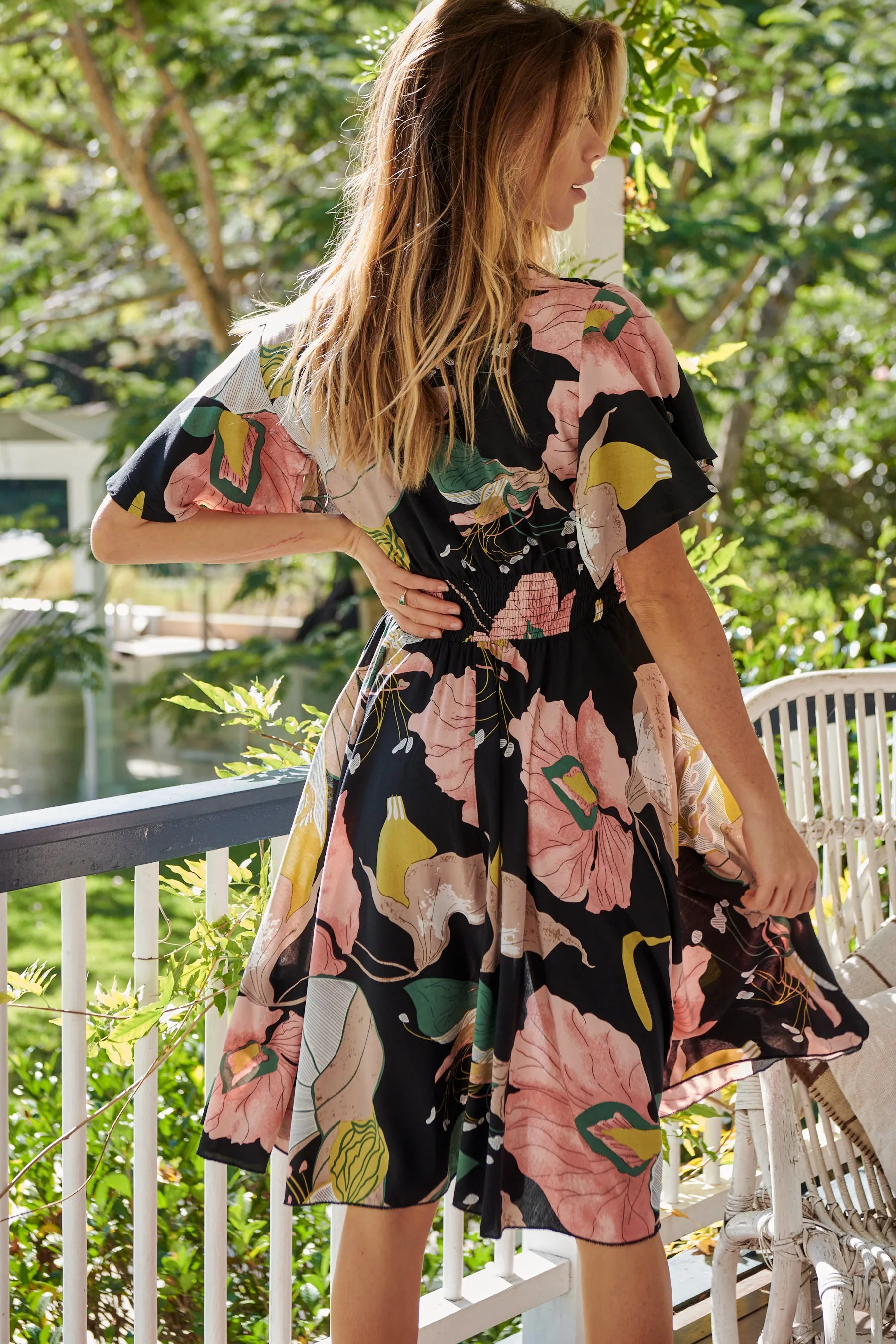 Larissa Black/Pink/Green Floral Print Short Sleeve Dress