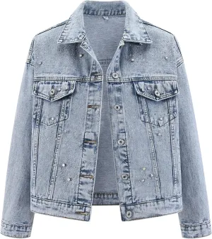 LifeShe Jean Jacket Women Rhinestone Denim Jacket Casual Sparkly Shacket Coats