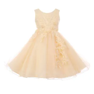 Little Girls Champagne Pearl Beaded Glitter Tulle Flower Girl Dress 2-6