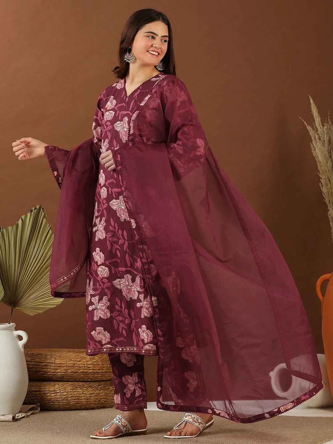 Maroon Floral Printed V-Neck Straight Kurta with Trousers & With Dupatta