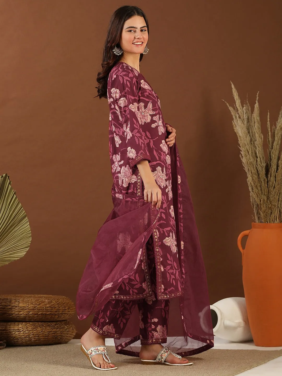 Maroon Floral Printed V-Neck Straight Kurta with Trousers & With Dupatta