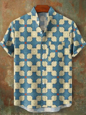 Men's Vintage Geometric Art Print Stand Collar Pocket Shirt