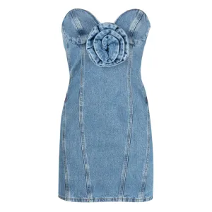 Modern 3D Floral Rosette Detail Sweetheart Neck Strapless Denim Dress