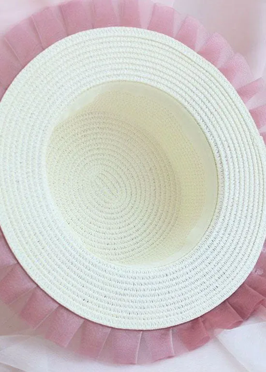 Modern Blue Bow Lace Patchwork Straw Woven Floppy Sun Hat LC0552