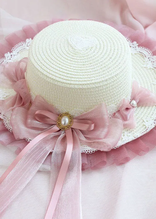 Modern Blue Bow Lace Patchwork Straw Woven Floppy Sun Hat LC0552