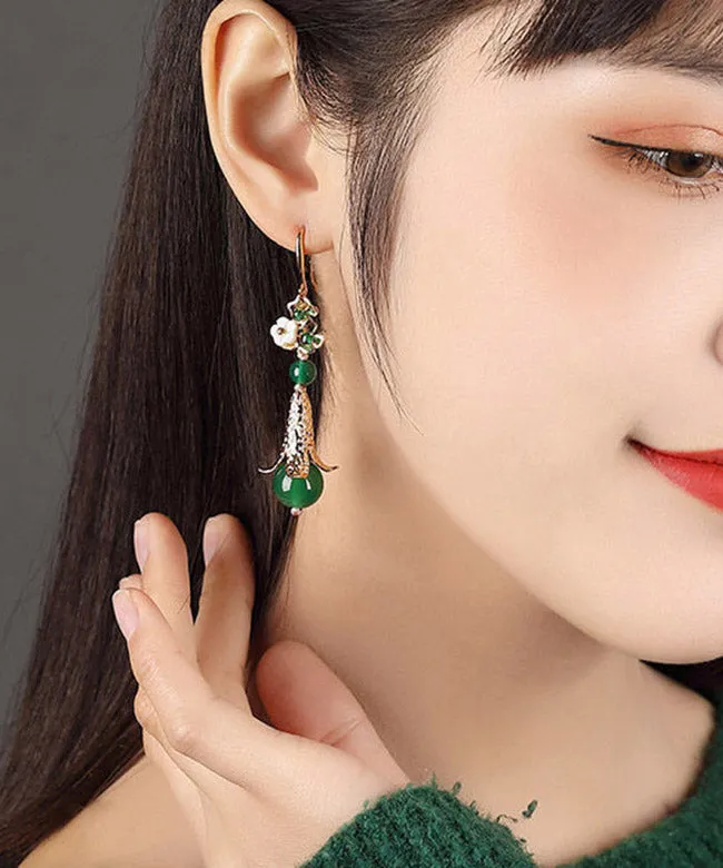 Modern Green Sterling Silver Pearl Shell Flower Agate Drip Drop Earrings LY2008