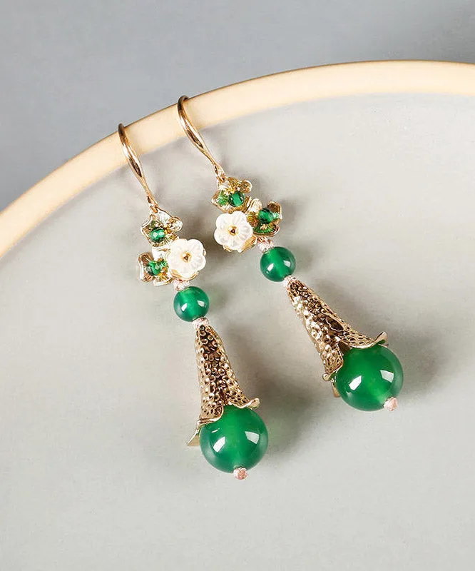 Modern Green Sterling Silver Pearl Shell Flower Agate Drip Drop Earrings LY2008