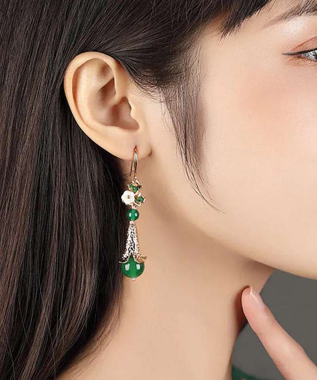 Modern Green Sterling Silver Pearl Shell Flower Agate Drip Drop Earrings LY2008