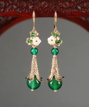 Modern Green Sterling Silver Pearl Shell Flower Agate Drip Drop Earrings LY2008