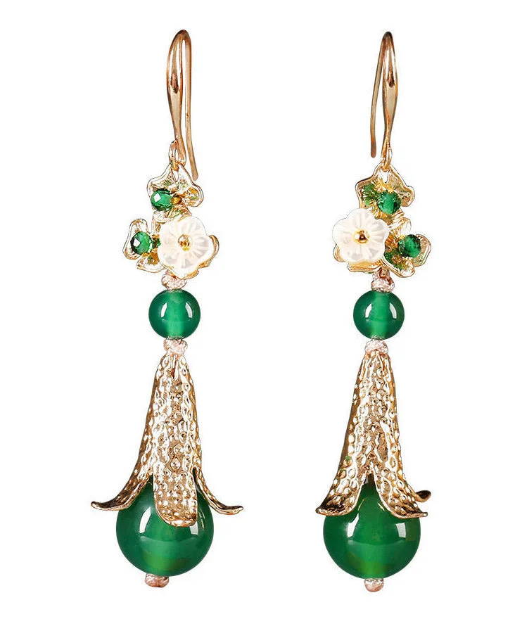 Modern Green Sterling Silver Pearl Shell Flower Agate Drip Drop Earrings LY2008