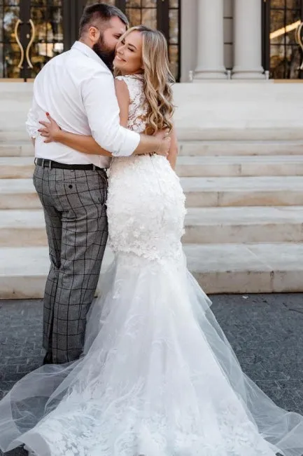 Modern Long Mermaid Sleeveless Appliques Wedding Dresses With Lace