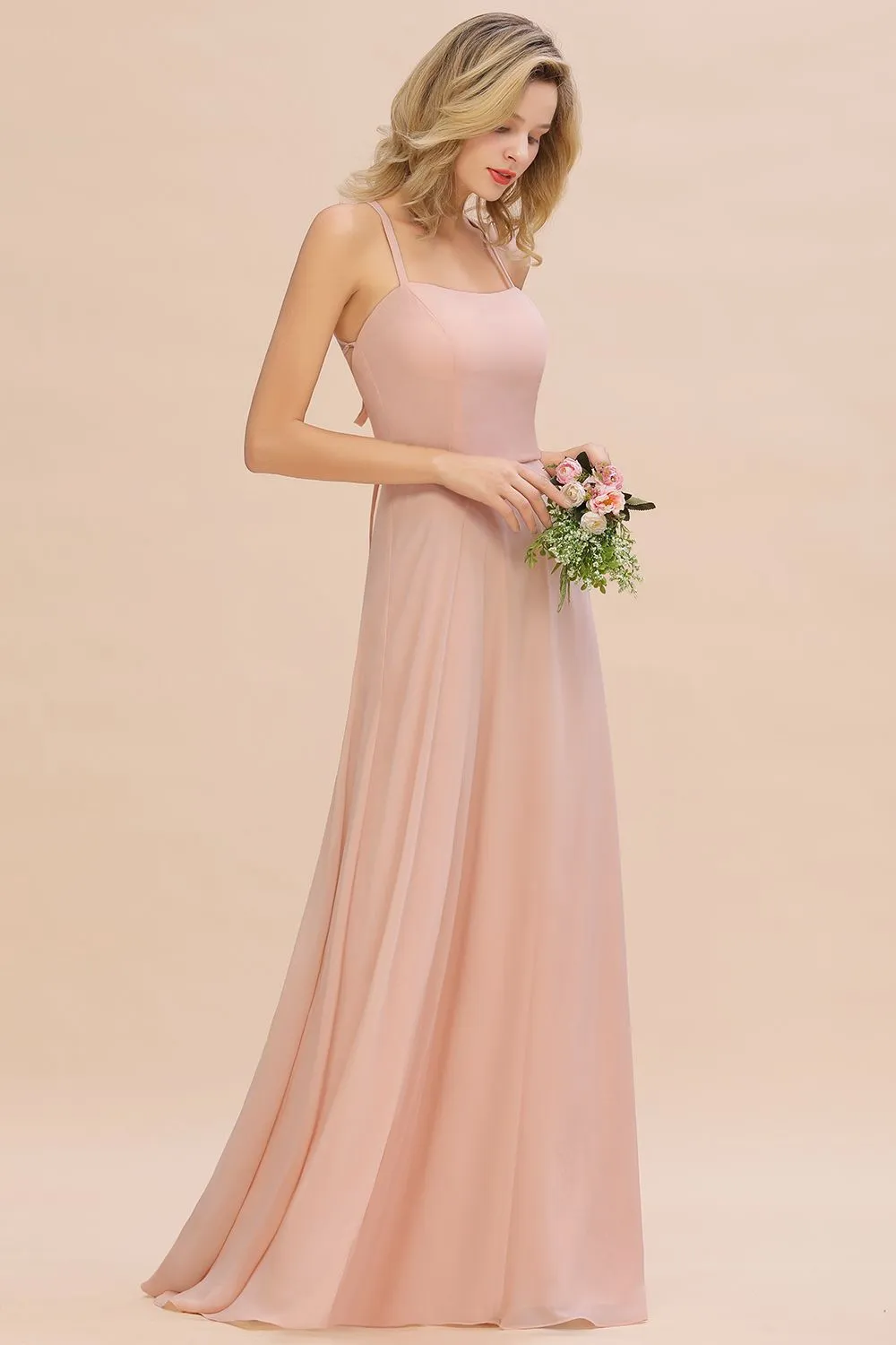 Modern Pink Long Chiffon A-line Open Back Bridesmaid Dress