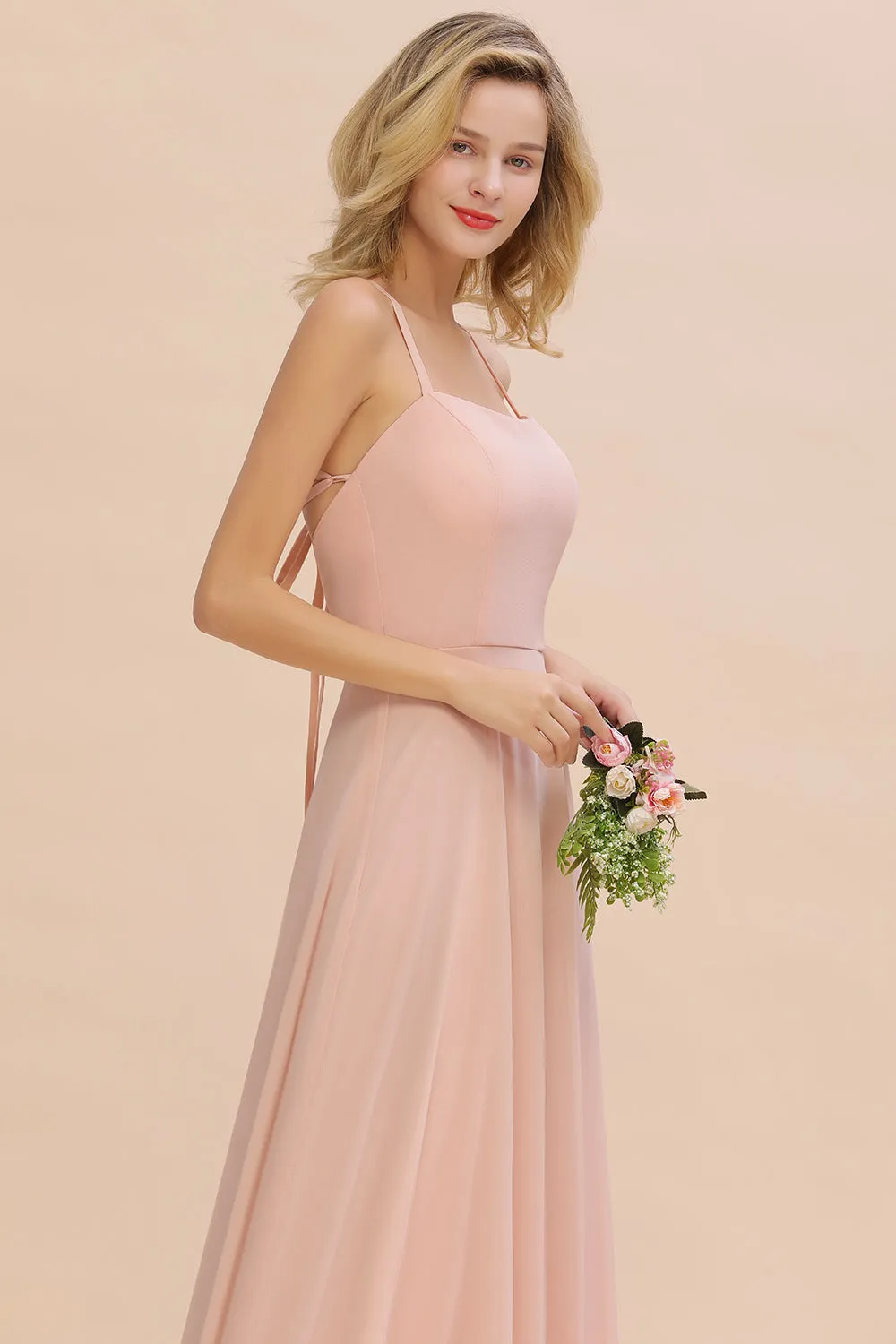 Modern Pink Long Chiffon A-line Open Back Bridesmaid Dress