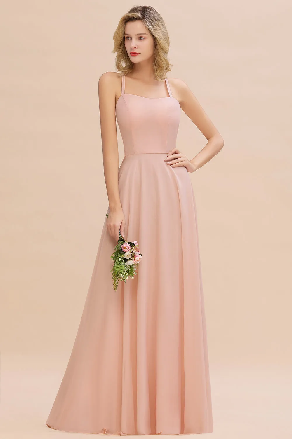Modern Pink Long Chiffon A-line Open Back Bridesmaid Dress