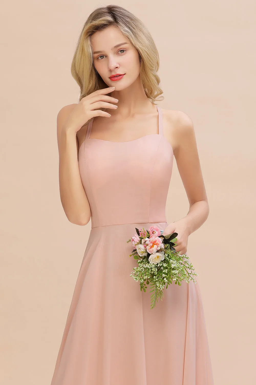 Modern Pink Long Chiffon A-line Open Back Bridesmaid Dress