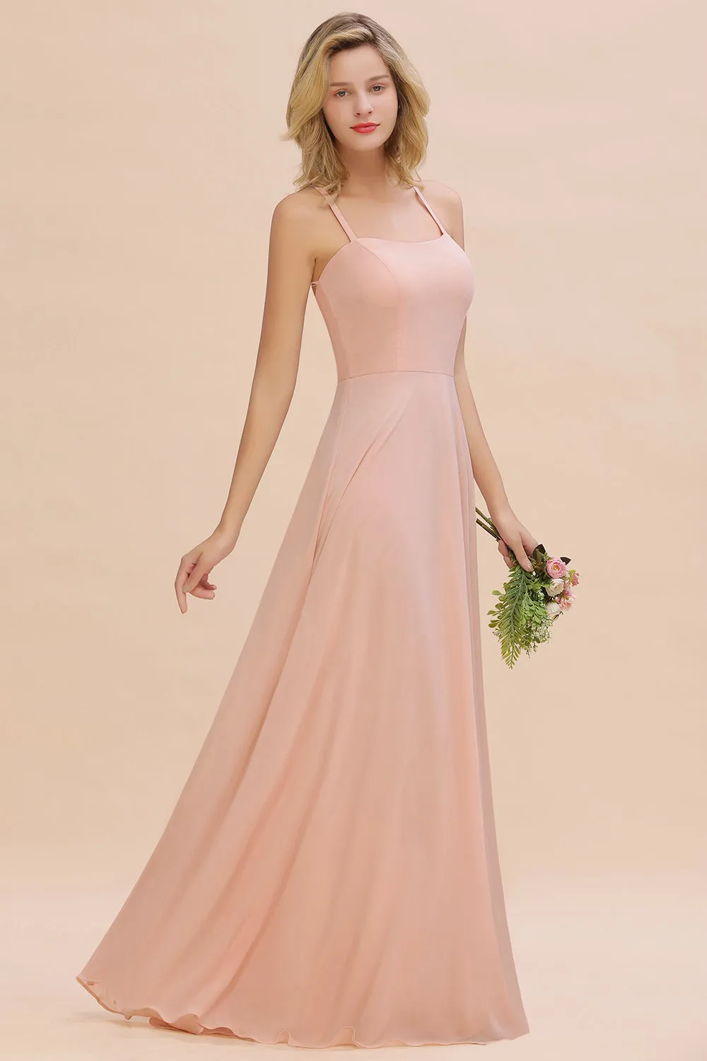 Modern Pink Long Chiffon A-line Open Back Bridesmaid Dress