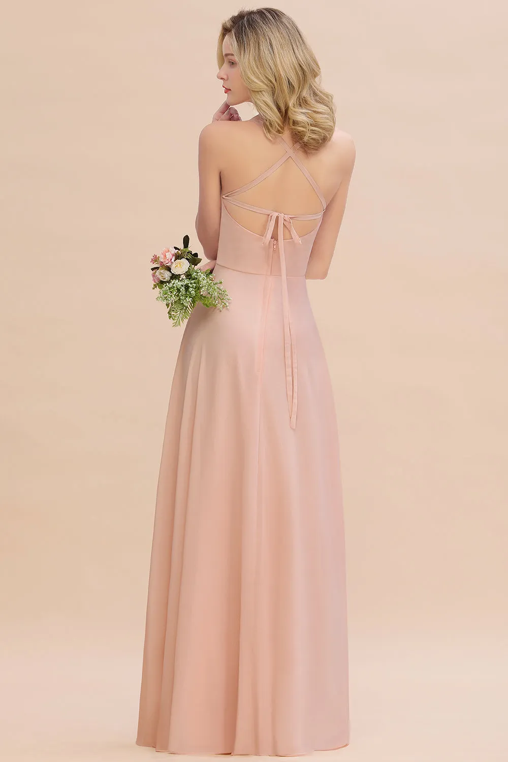 Modern Pink Long Chiffon A-line Open Back Bridesmaid Dress