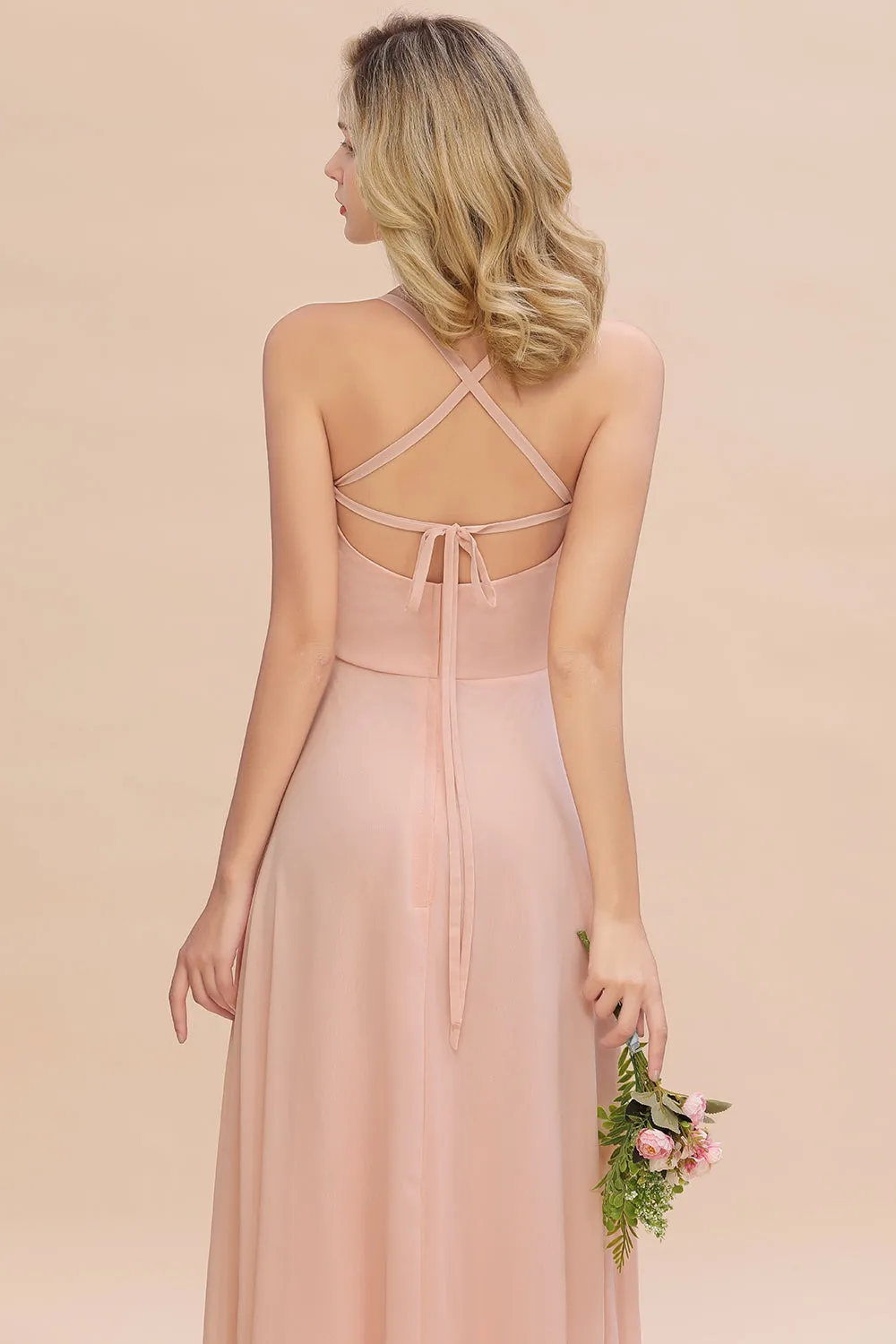 Modern Pink Long Chiffon A-line Open Back Bridesmaid Dress